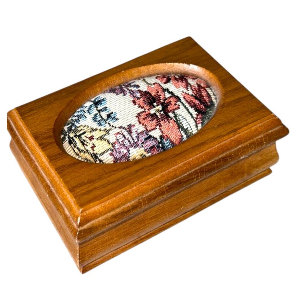 Vintage Miniature Wood Jewelry Box w/ Floral Tapestry Insert